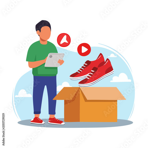 Man using tablet near delivery box with red sneakers