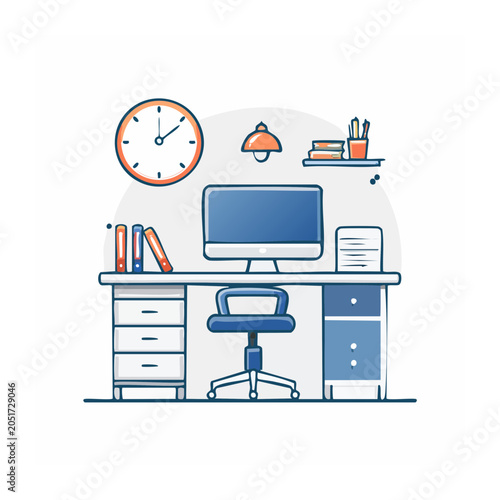 Modern office desk with computer, chair, and clock