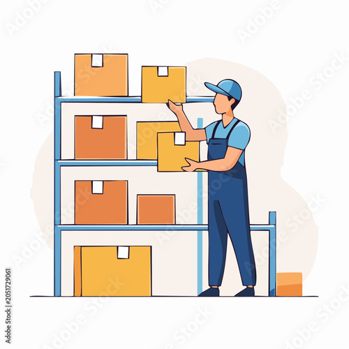 Warehouse worker organizing boxes on shelves
