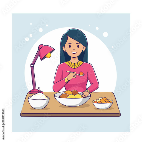 Woman eating food from bowls at a table with a lamp