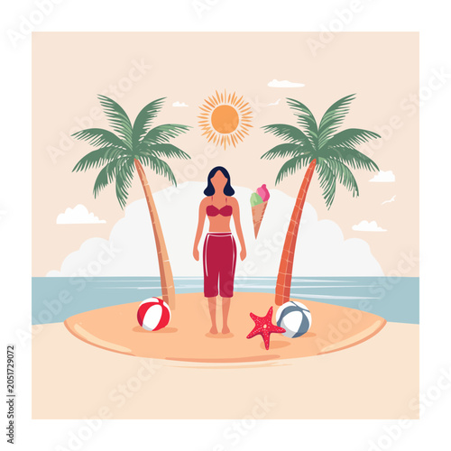 Woman on tropical beach with palm trees and ice cream