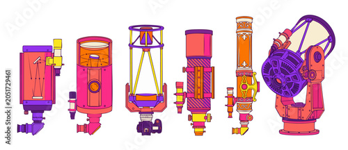 Foto Astronomy telescope types vector illustration showing various scientific optical designs, stargazing equipment, physics diagrams, and space observation instruments in a vibrant flat color style