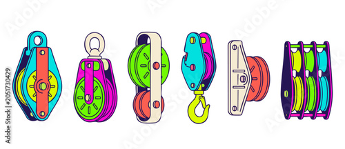 Photos Pulley block tackle hoist wheel set with colorful mechanical icons, isolated flat vector design elements for industrial physics mechanics engineering and lifting rigging equipment diagram graphic