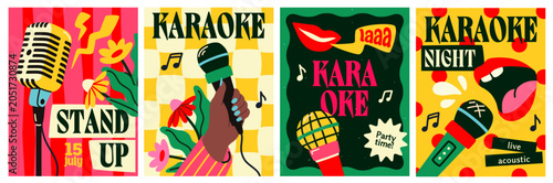 Karaoke microphone posters. Vibrant karaoke and standup abstract poster set on colorful backgrounds, expressing music event concept. Vector illustration