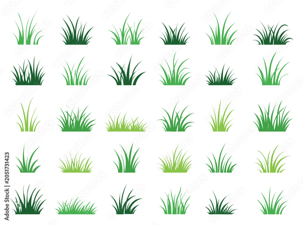 Fototapeta premium Green grass doodle. Lawn, turf or meadow, field blades for garden and park. Plant silhouette and grass border for spring, summer natural landscape. Ecology, botanical clipart. Vector isolated set