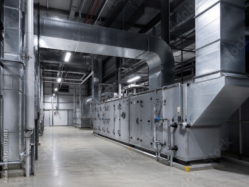 Large industrial hvac unit installed in warehouse facility. Ventilation ductwork system for air conditioning and climate control. Modern engineering infrastructure and mechanical pipe.