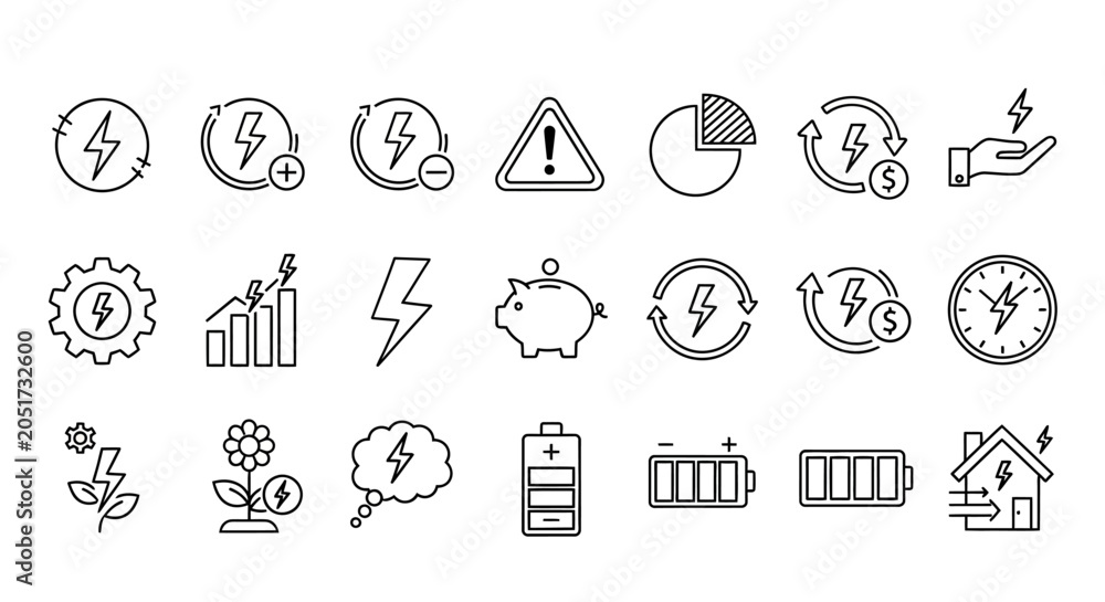 Fototapeta premium Energy icons, power symbols, 25 electricity signs, battery logos, eco-friendly graphics