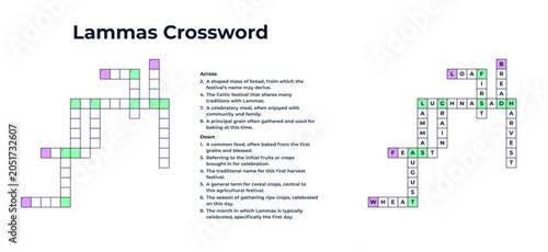 Photos Vector Lammas crossword puzzle printable with complete answers on a transparent background for Lughnasadh events, websites, educational materials, and games