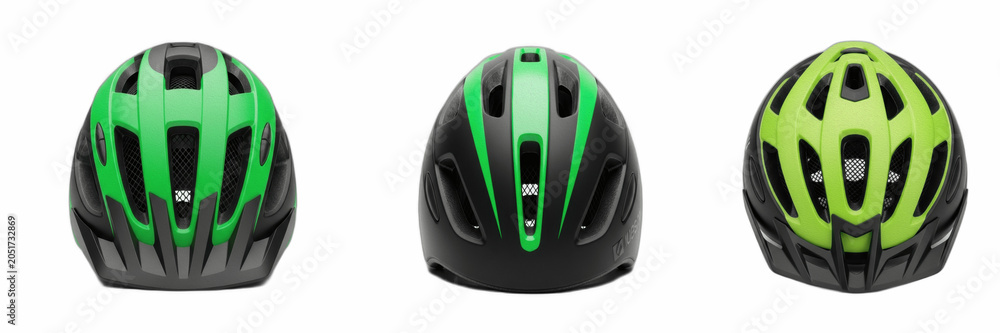 Naklejka premium Set of Black and Neon Green Aerodynamic Bicycle Helmet Safety Headgear Sports