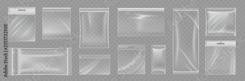 Transparent plastic pouch set shown in clean graphic style on a neutral background. Packaging, storage and retail supplies. Vector illustration
