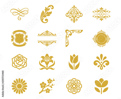 Graphic set of elegant gold floral motifs botanical icons and decorative border elements.