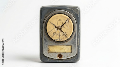 Close-up cracked vintage doorbell button with rusted metal frame on white background