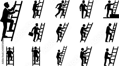 Businessman climbing ladder silhouette icon set, flat black glyph style, pure white background