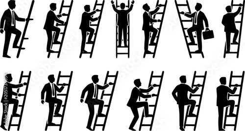 Businessman climbing ladder silhouette icon set, flat black glyph style, pure white background