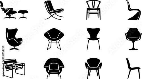 Modern chair silhouette icon set, flat black glyph style, pure white background