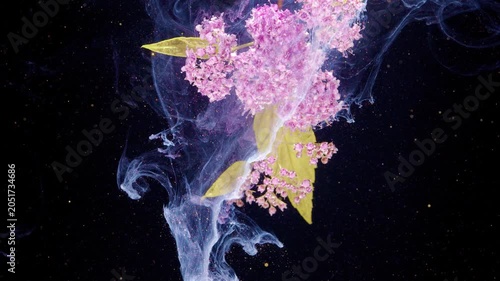 Delicate pink blossoms and pale green leaves float near the top against a deep black background, surrounded by soft translucent smoke wisps and tiny glowing