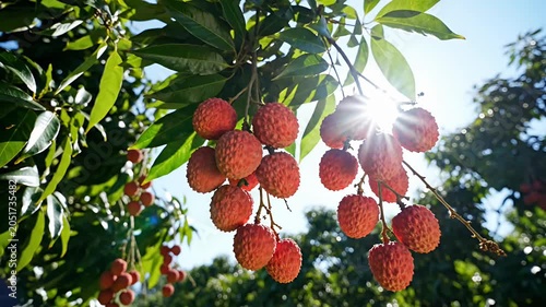 Ripe lychees hanging from tree branch in bright sunlight.
