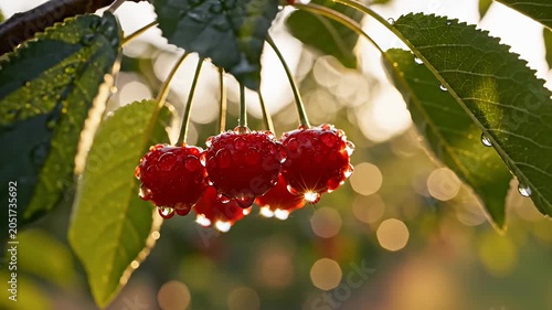 Ripe red cherries with water droplets on tree branch.
