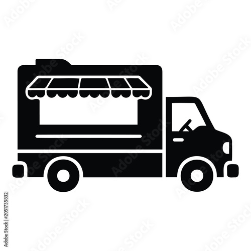 Black silhouette vector illustration of food truck for street market business icons design.