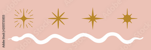 Foto Vector of gold stars and a white snake on a pink background.