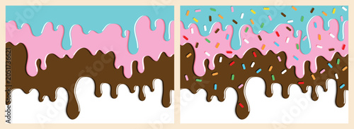 Foto set of dripping delicious pink, blue and chocolate doughnut vector seamless glaze