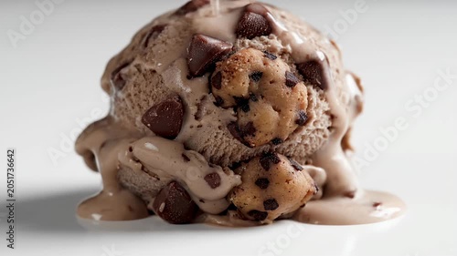 Scoop of chocolate chip cookie dough ice cream on white.