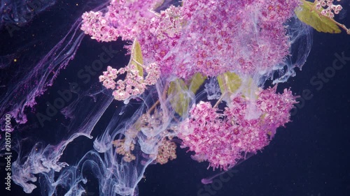 Pink lilac blossoms gather in the upper right against a deep blue background, while translucent white and violet smoke-like wisps drift across the lower left