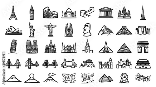 Minimalist Icons of Global Landmarks and Travel Destinations Vector Collection