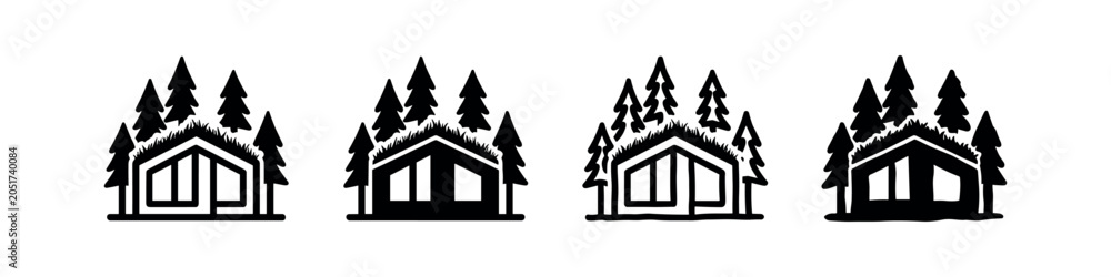 Fototapeta premium Four Log Cabin Icons: Outline and Filled Black and White