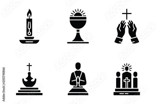 Foto Collection of christian religious worship and spiritual icons with religion, ble