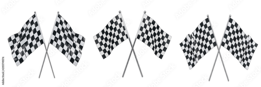 Fototapeta premium Crossed Black and White Checkered Racing Flags Motorsport Finish Line Symbol Asset Isolated White Background