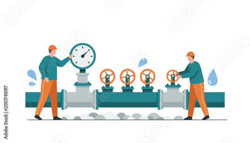 Cuadro en lienzo Industrial workers in orange uniforms operating water pipe valves and checking pressure gauges to manage fluid flow systems