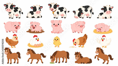 Cute Farm Animals Cartoon Grid Set of 20 Cows Pigs Chickens Horses
