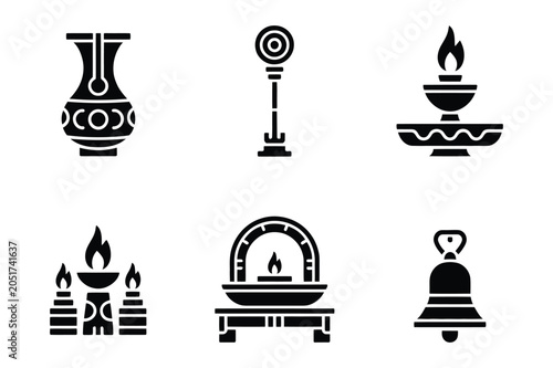 Spiritual temple rituals and religious ceremony vector icon set with ceremony