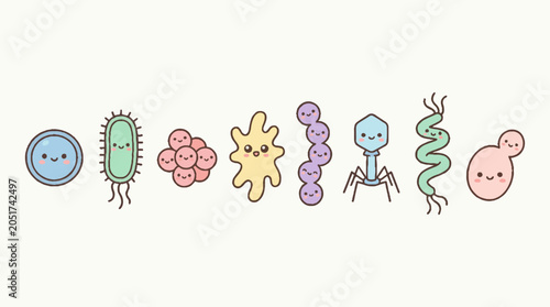 Cute cartoon bacteria and virus characters set vector illustration of microorganisms.
