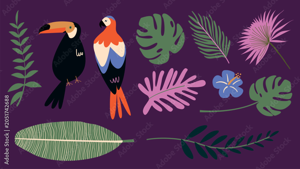 Fototapeta premium Vector illustration of tropical birds and leaves on a purple background.