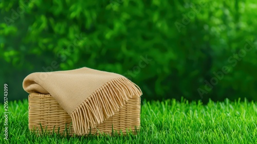 Cozy beige blanket draped over a wicker basket placed on lush green grass in a serene outdoor setting