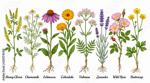 Obraz na płótnie Collection of Medicinal Wild Flowers with Roots, Including Honey Clover, Chamomi