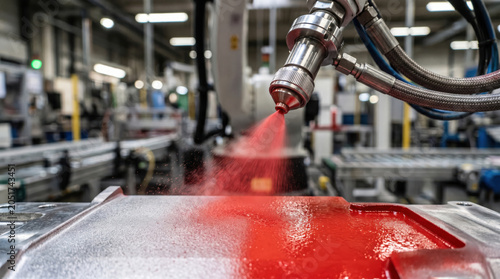 Red paint spraying from a nozzle in a factory during industrial production processes