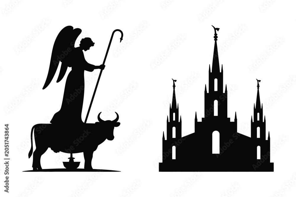 Naklejka premium Religious statue with angel and bull and majestic cathedral building silhouettes