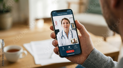Patient speaks with doctor through telemedicine call while seated at home in the afternoon