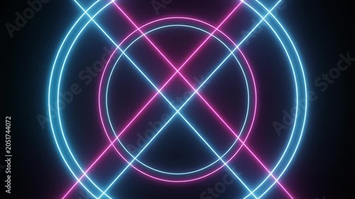 Abstract Glowing Neon Circles and Intersecting Diagonal Lines in Vibrant Blue and Pink Light Design for Modern Digital Backgrounds