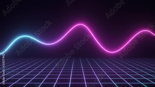 Retro Neon Synthwave Background with Glowing Fluorescent Pink and Blue Wave Lines Over a Digital Perspective Grid