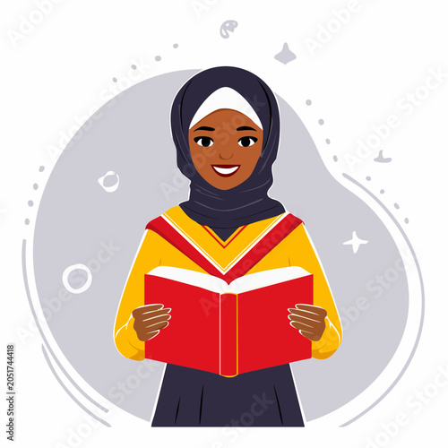 Young Black Woman Wearing Hijab Reading a Book