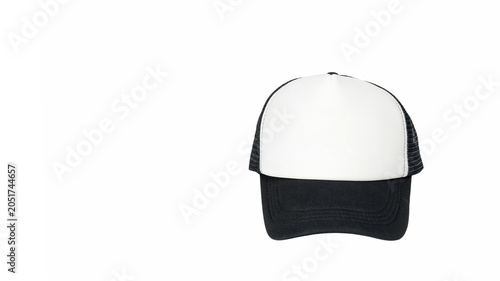 Canvas Print black and white mesh baseball trucker hat placed centrally and turned to the rig