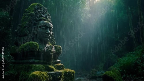 Mossy Stone Deity Head Statue in Deep Mystical Jungle Forest with Dramatic Sunlight Rays and Foggy Atmosphere
