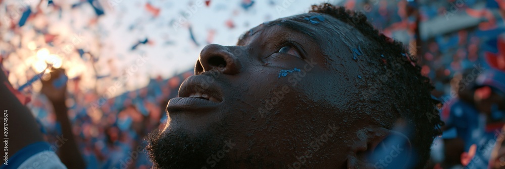 Naklejka premium Pointofview footage from a jubilant Haiti supporter as the home soccer team clinches a regional win confetti fluttering around in an electric stadium atmosphere.
