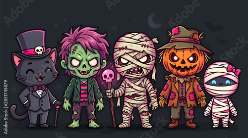 Canvastavla Cute Chibi Halloween Monsters Collection: Black Cat, Zombie, Mummy, Scarecrow, a