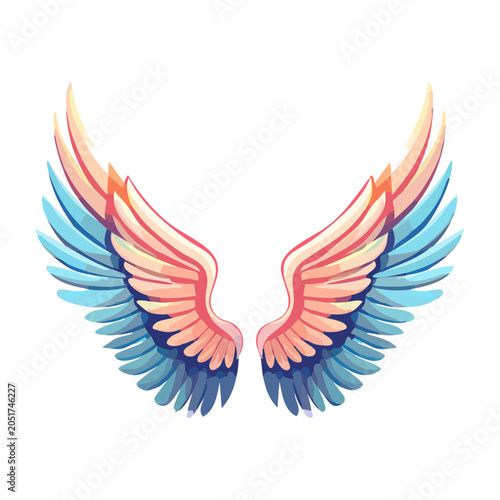 Stylized pair of angel wings with pink and blue feathers