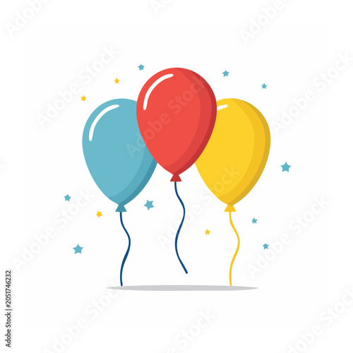 Three colorful balloons with confetti and stars